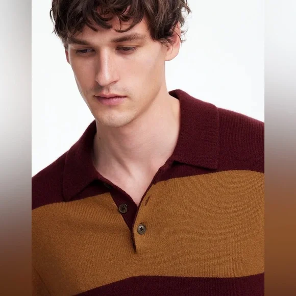 NWT Madewell Rugby-Stripe Sweater Polo Wool & Cashmere - Tan & burgundy Medium - Picture 4 of 9
